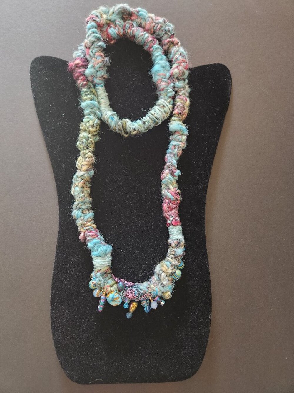Handmade new necklace, fibers and gemstones, unique design.